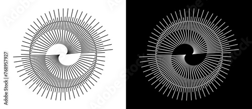 Lines in spiral abstract background. Dynamic transition illusion. Black shape on a white background and the same white shape on the black side.