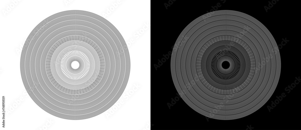 Lines in circle abstract background. Dynamic transition illusion. Sun concept. Black shape on a white background and the same white shape on the black side. Lines in circle abstract background. Dynamic transition illusion. Sun concept. Black shape on a white background and the same white shape on the black side.
