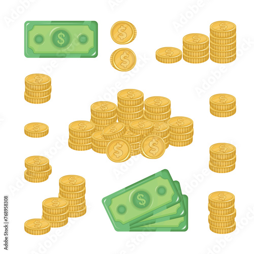 Cartoon 3D green banknotes and gold coin set. Green dollar bill and coins stack.  Bank cash vector illustration. 