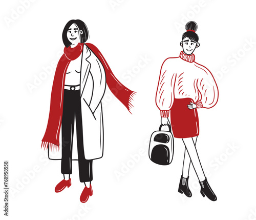 Two beautiful fashion girls standing and posing. Woman with bun in skirt and backpack with chelsea boots in hand. Square haircut girl with red scarf in coat, Hand drawn vector doodle illustration.