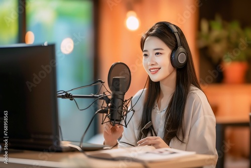 Asian woman recording sound with microphone doing podcast or broadcasting on radio