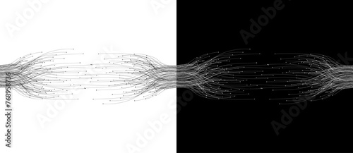 Abstract lines with dots over background. Connecting or big data concept. Design element or icon. Black shape on a white background and the same white shape on the black side.