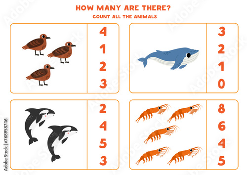 Count all Antarctic animals and circle the correct answers.