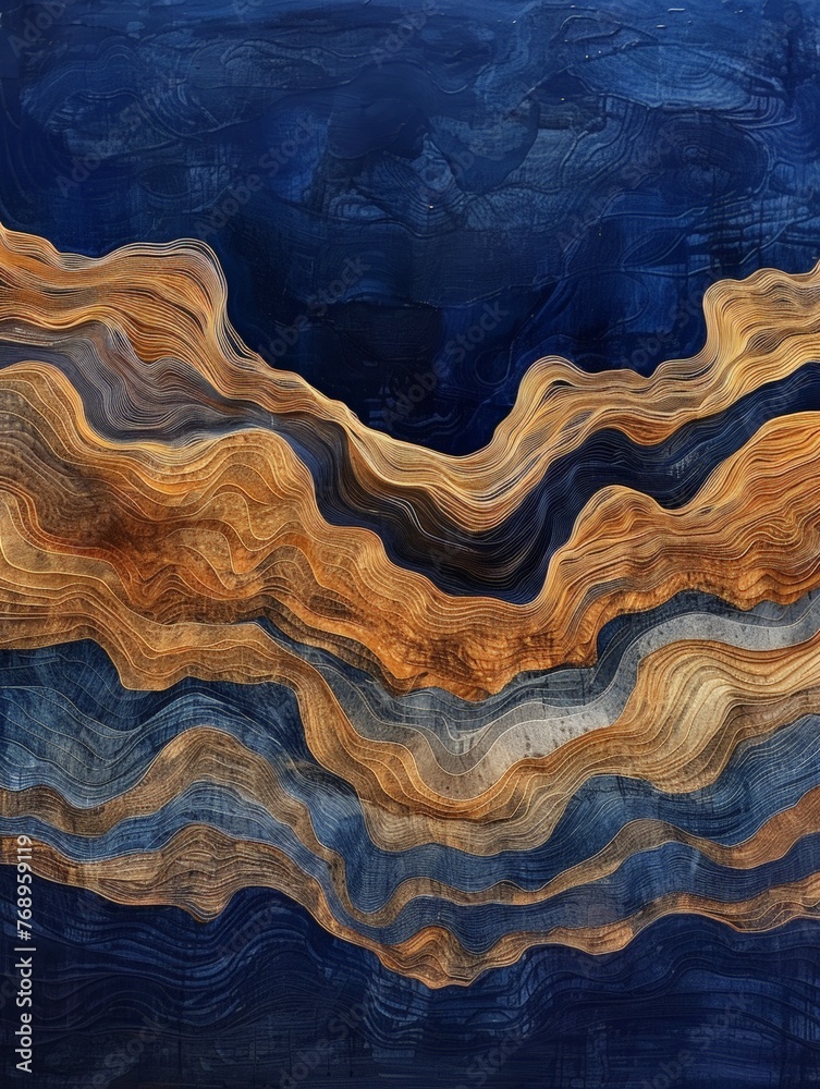 An abstract painting featuring stylized waves in varying shades of blue against a solid blue background