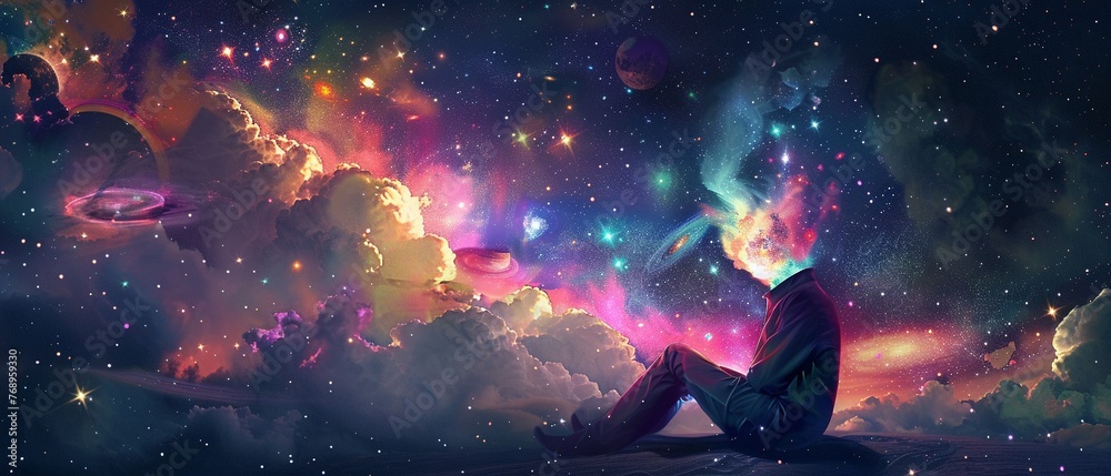 Imagination  A whimsical 2D illustration of a person sitting under a starry sky - obrazy, fototapety, plakaty 