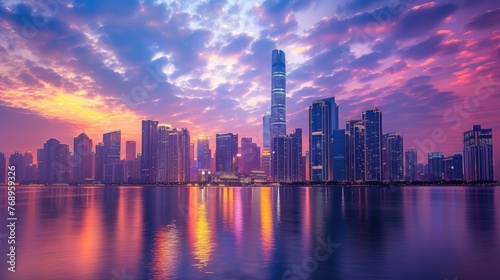 A stunning cityscape with modern skyscrapers reflecting in calm waters under a colorful sunset sky.