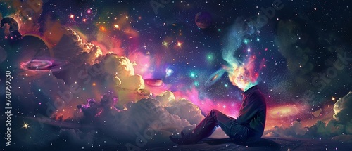 Imagination A whimsical 2D illustration of a person sitting under a starry sky