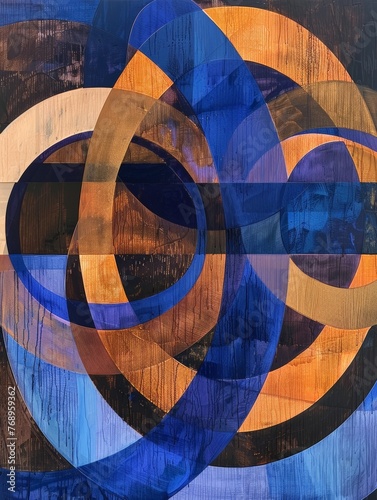This abstract painting features blue and yellow circles in a vibrant composition, creating a dynamic visual impact