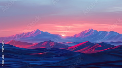 A surreal and vibrant landscape painting depicting majestic mountains under a colorful sky during sunset. © Orawan