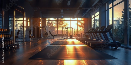 Modern gym interior bathed in sunlight with equipment ready for a fitness session © rorozoa