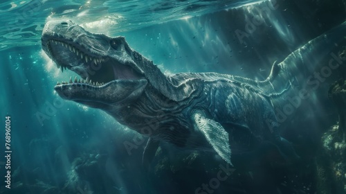 Majestic Mosasaurus: A Prehistoric Behemoth Swims in Watery Depths © Miodrag