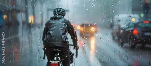Portrait of a man riding a bicycle on a city street during heavy rain photo