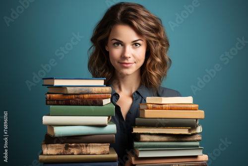 portrait of a beautiful young woman with a stack of books