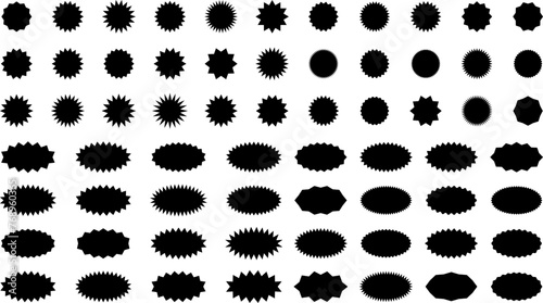 Starburst sticker set - collection of special offer sale oval and round shaped sunburst labels and badges. Promo stickers with star edges. Vector.