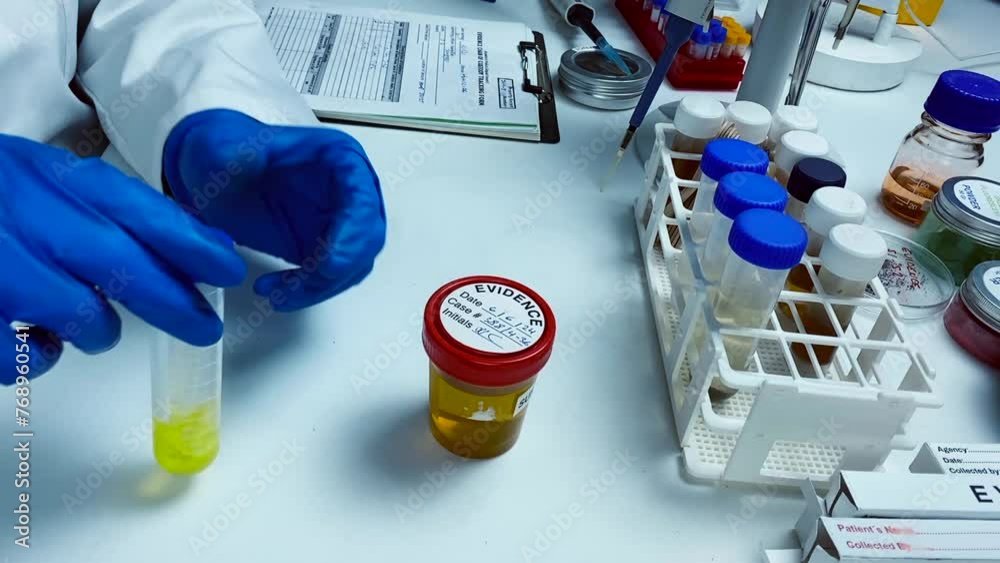 Police scientist analyses urine of murder suspect, conceptual video