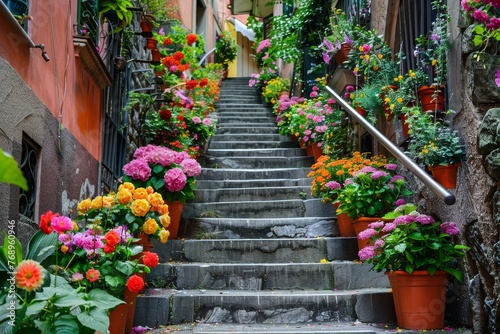 A Serene Ascension: City Staircases Adorned with Vibrant Pots of Flowers Welcoming Spring's Embrace