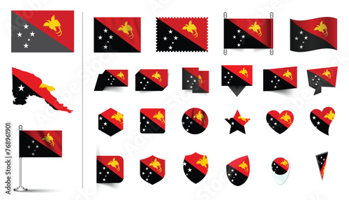set of Papua New Guinea flag, flat Icon set vector illustration. collection of national symbols on various objects and state signs. flag button, waving, 3d rendering symbols