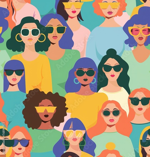 Diverse Beauty: A colorful illustration of women with different hairstyles and sunglasses celebrating unity in diversity