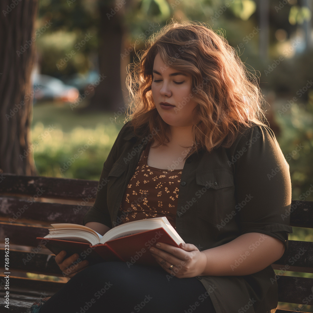 Obraz premium young plus size caucasian woman reading book and sit at the bench park. Golden hour lighting, dramatic shade