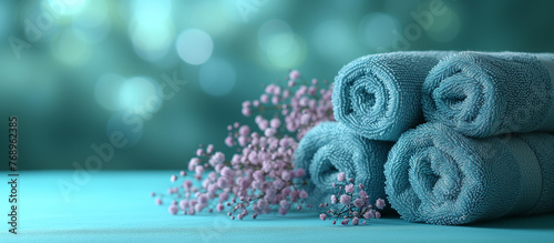 Soft towels and flowers on blue background. Spa  relaxation and bath theme. Beauty and health care.