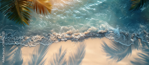 Tropical vacation background. Sea beach with palm leaf shades on sand. Summer holiday travel theme.