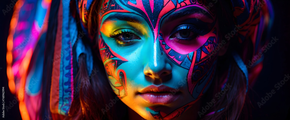 A blacklit female face covered in designs.