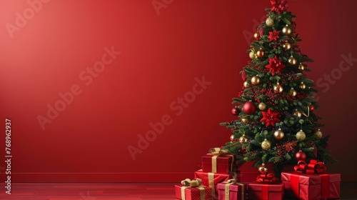 Elegant christmas tree with golden baubles and gifts on red background for festive holiday