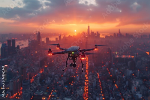 Futuristic drone capturing the urban landscape from a bird's eye view.
