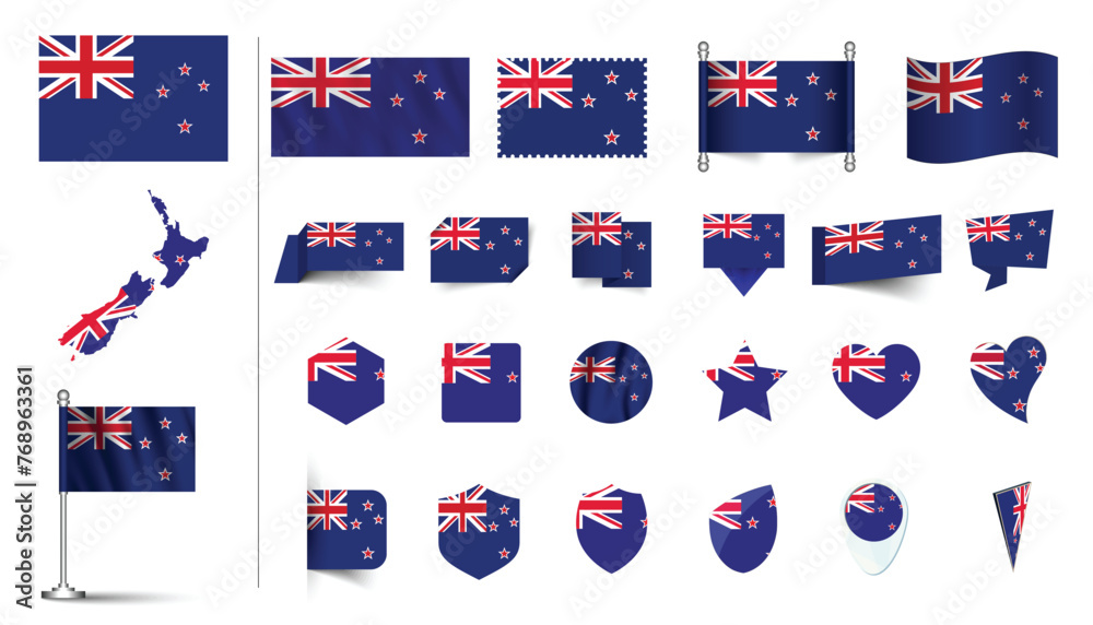 set of New Zealand flag, flat Icon set vector illustration. collection of national symbols on various objects and state signs. flag button, waving, 3d rendering symbols
