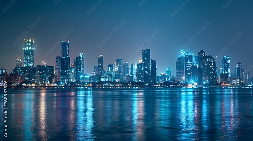 Illuminated Modern Metropolis: Tranquil Nighttime Cityscape with Reflective Skyscrapers