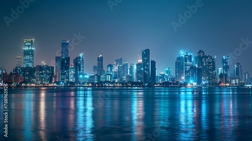 Illuminated Modern Metropolis: Tranquil Nighttime Cityscape with Reflective Skyscrapers © pkproject