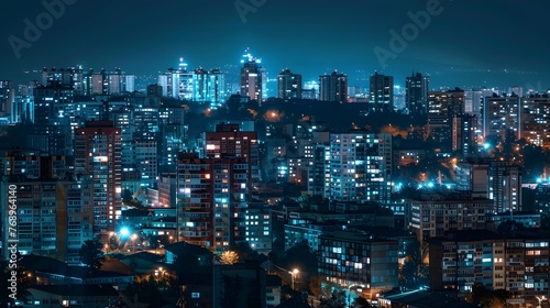 Blue-Lit Metropolis: Panoramic Night View of Illuminated Highrise Buildings and Residential Blocks in a Bustling City © pkproject