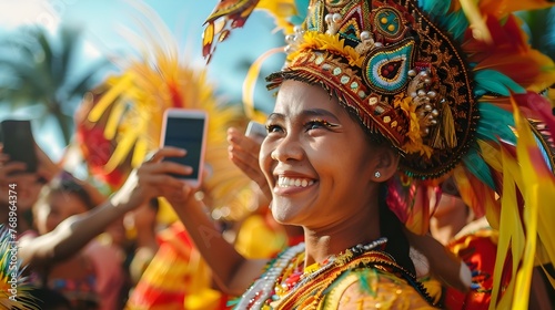 Joyful Filipino Woman Embracing Cultural Heritage while Taking a Selfie at a Vibrant Island Festival photo