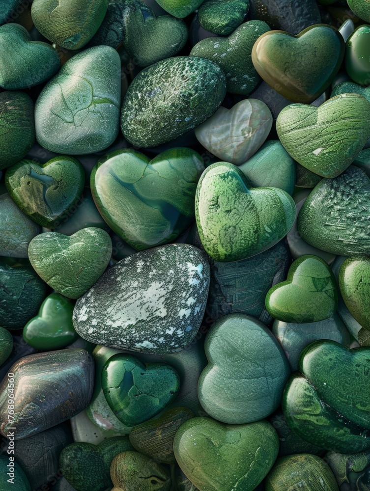 Collection of green rocks arranged in a heap, each rock adorned with heart-shaped designs Collection of green rocks arranged in a heap, each rock adorned with heart-shaped designs
