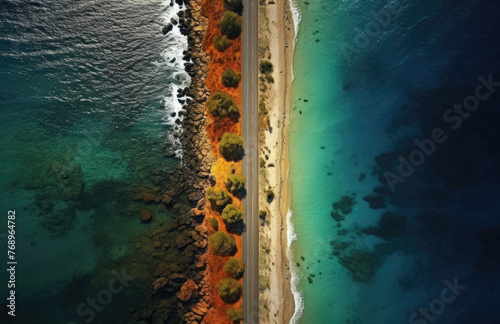 Aerial view of the road along the coast from the drone. Travel by car in summer time. The sea coast and the road.  photo