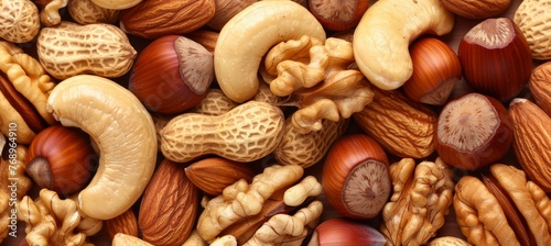 Assorted nuts arranged in a top down view, creating a natural background of various nut varieties