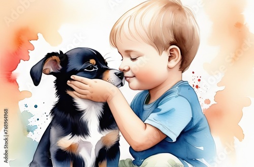 Friendship and care for pets shine through in watercolor-style illustration, as child lovingly hugs their puppy in heartwarming scene.Notebook Covers,T-shirts and Clothing,Posters for Kids' Rooms.