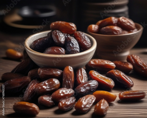 a close up of a pile of dates in bowl with a dark mood background and many properties