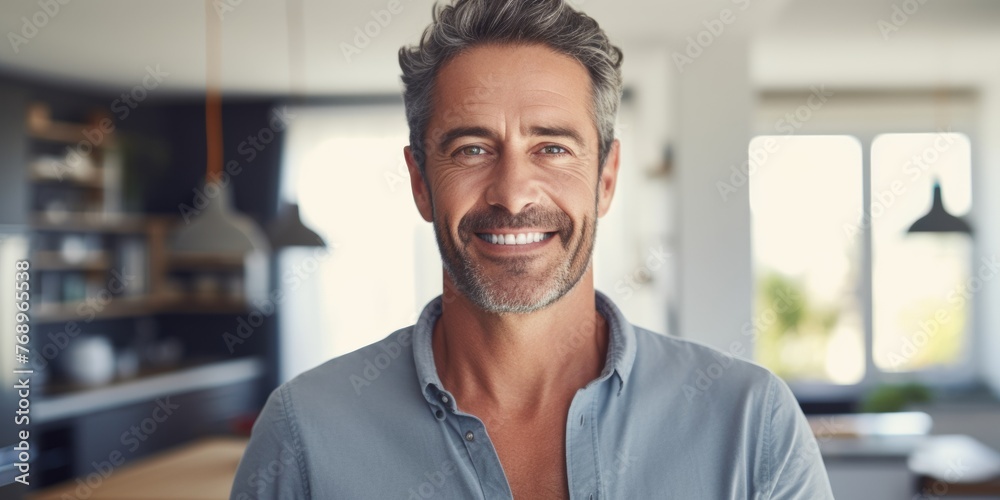 A bearded middle-aged man works at home at a table on a laptop, smiling. happy. Generative AI.