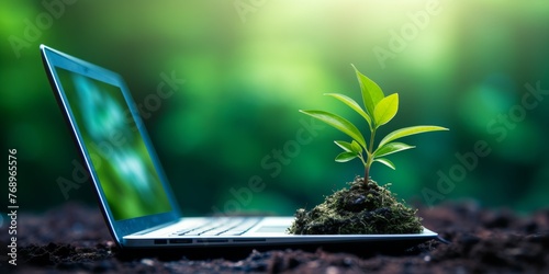 A green plant sprouts from a laptop keyboard. Eco system concept, sustainability. Generative AI.