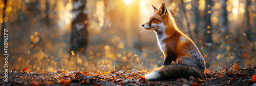 wild red fox in summer on forest at sunset © alexkoral