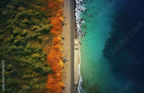 Aerial view of the road along the coast from the drone. Travel by car in summer time. The sea coast and the road.  photo