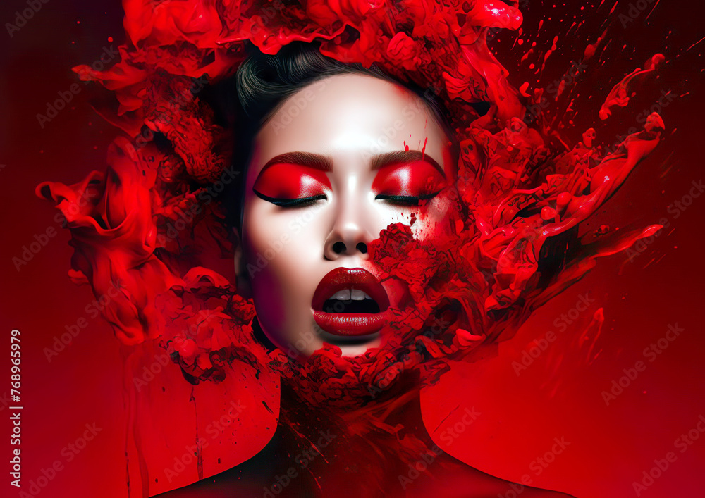 A striking image of a woman's face appears in a dynamic,moving and transforming scene of red spots and swirls.Bold make-up,bright red lipstick and matching eye shadow.AI generated. A striking image of a woman's face appears in a dynamic,moving and transforming scene of red spots and swirls.Bold make-up,bright red lipstick and matching eye shadow.AI generated.