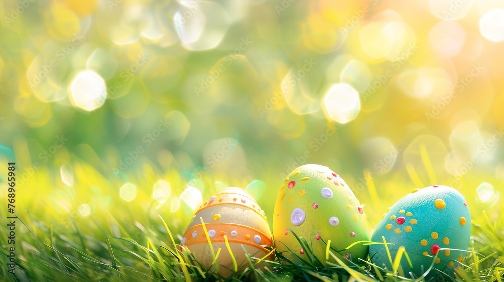 Easter eggs on green grass with sunlight in spring background, copy space for design