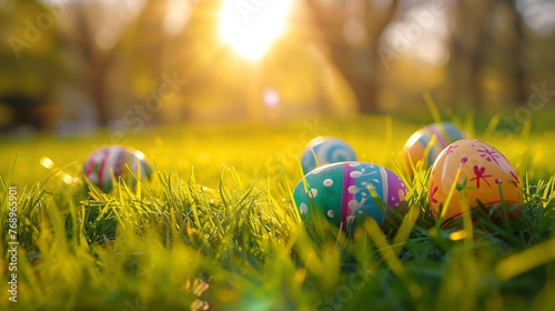 Easter eggs on green grass with sunlight in spring background, copy space for design
