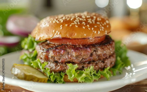 Close up of hamburger on plate, fast food staple with bun and ingredients