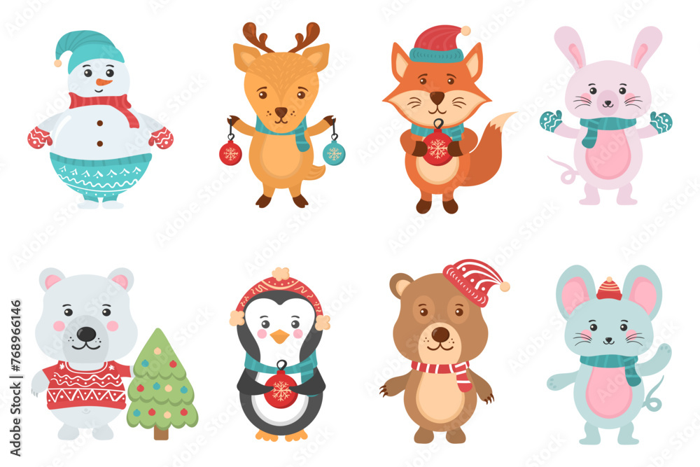 Holidays cartoon character in flat design. Greeting flyers. Hand drawn card, banner with Christmas cute animals and snowmen in Santa Claus hats, sweaters, lights. Vector illustration.