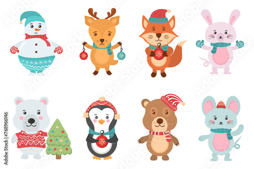 Holidays cartoon character in flat design. Greeting flyers. Hand drawn card  banner with Christmas cute animals and snowmen in Santa Claus hats  sweaters  lights. Vector illustration.