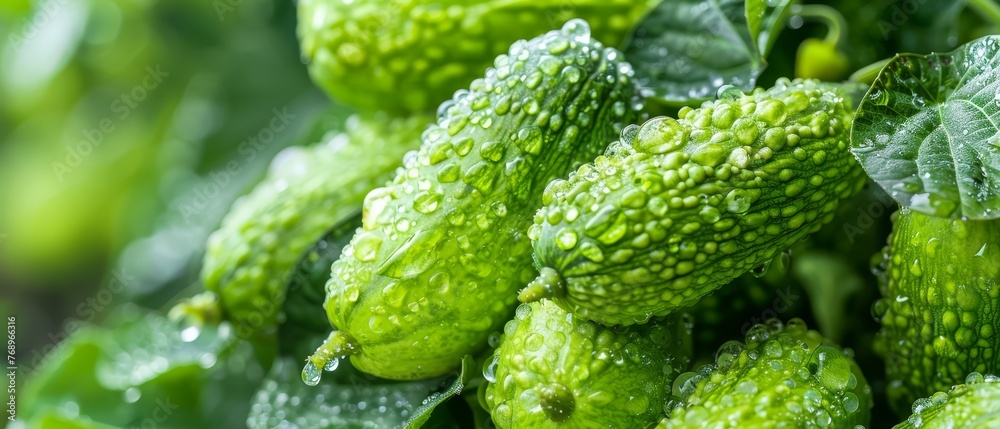 A close-up of lush green foliage adorned with droplets of water, set against a serene backdrop of a verdant plant A close-up of lush green foliage adorned with droplets of water, set against a serene backdrop of a verdant plant
