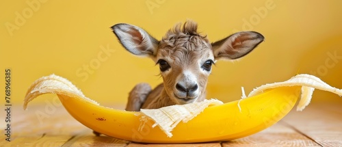   A baby giraffe eats a banana with its head emerging from its side